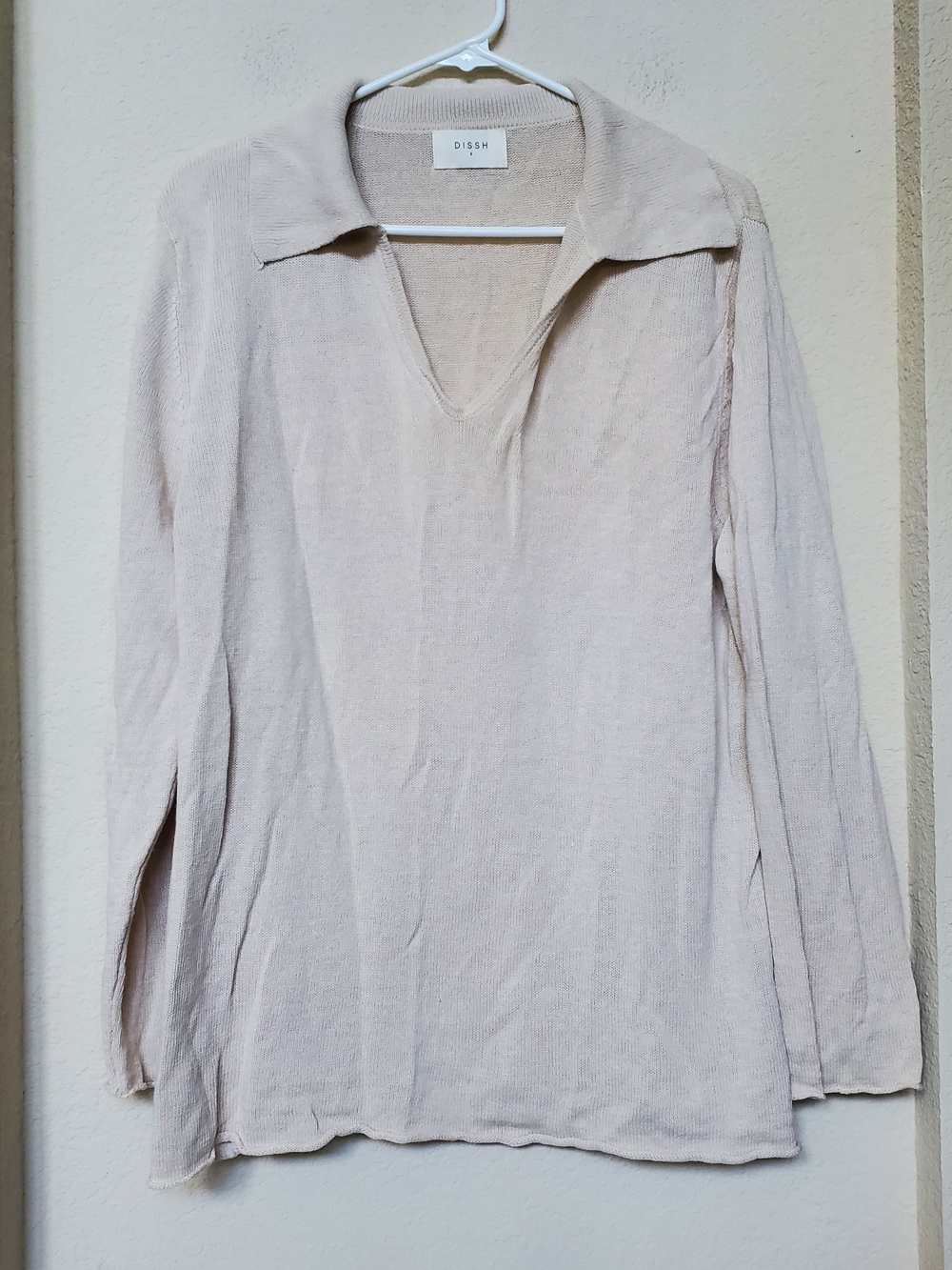 DISSH Cream V-Neck Collared Long-Sleeve Sweater.  Size Small